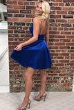 Navy Blue Spaghetti Straps V-Neck Homecoming Dresses with Pockets V-Neck Cocktail Dresses H1093