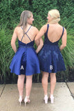 Navy Blue V-Neck Homecoming Dresses Cute Short Bridesmaid Dresses with Pockets H1073