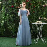 A Line V-Neck Tulle Blue Cheap Prom Dress Long Floor Length Bridesmaid Dress P1272