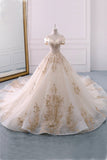 Off the Shoulder Ball Gown Sweetheart Wedding Dress, Long Appliques Bridal Dress PW619