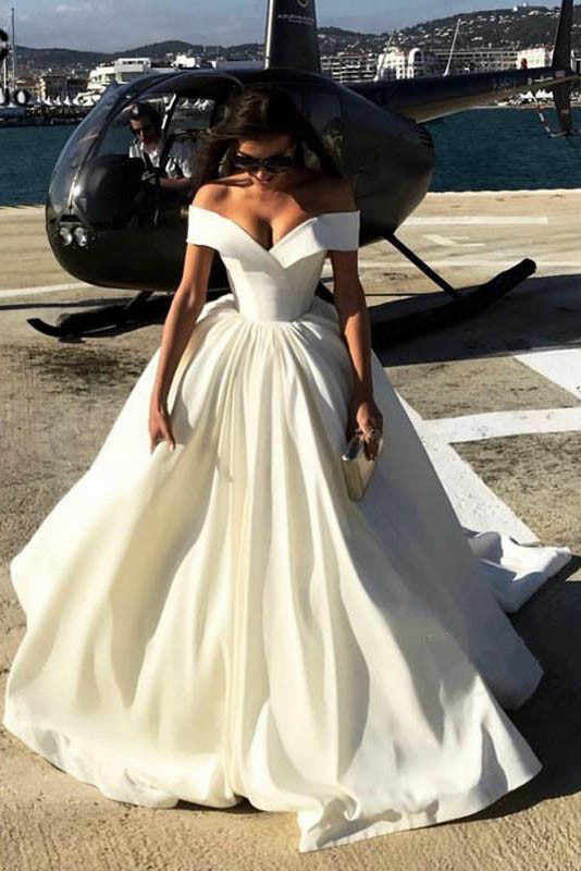 Off the Shoulder V Neck Ivory Wedding Dresses Ball Gown Long Prom Dresses PW556