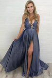A Line Halter V Neck Sparkly Long Prom Dresses With Sweep Train PD1116