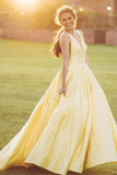 Cute A Line V Neck Yellow Long Prom Dresses PD1117