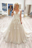 Modest A Line V-neck Tulle Prom Dress With Appliques PD1130