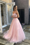 Sweetheart A Line Strapless Pink Tulle Long Prom Dresses Evening Gowns