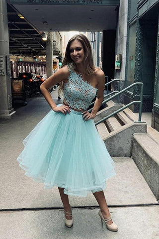 Cute Two-pieces One-shoulder Mint Green Tulle Homecoming Dress