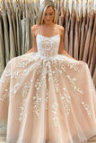Modest A Line Sleeveless Appliques Champagne Tulle Prom Dress