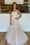 Elegant Mermaid Spaghetti Straps Appliques Champagne Tulle Prom Dress