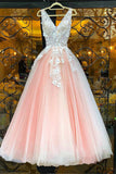 Cute A Line V-Neck Pink Tulle Appliques Prom Dress