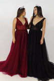 Pretty A-line Deep V-Neck Beading Tulle Prom Dress