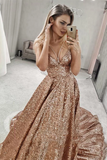 Shiny A-line V-Neck Gold Long Prom Dress Evening Gowns