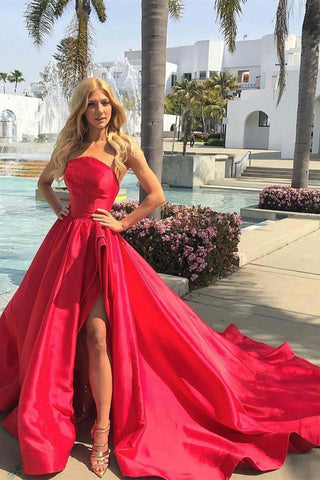 A-line Strapless Red Satin Court Train Long Prom Dress Evening Gowns