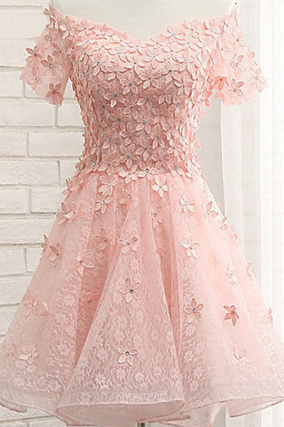 Pearl Pink Off Shoulder Short Sleeves Lace Beading Appliques Short Homecoming Dresses H1153