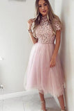 Pink Tea Length Tulle High Neck Short Sleeve Homecoming Dresses, Short Prom Dress H1031