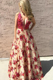 Princess A Line Lace V Neck Red Floral Sexy Long Prom Dresses, Simple Evening Dresses P1014