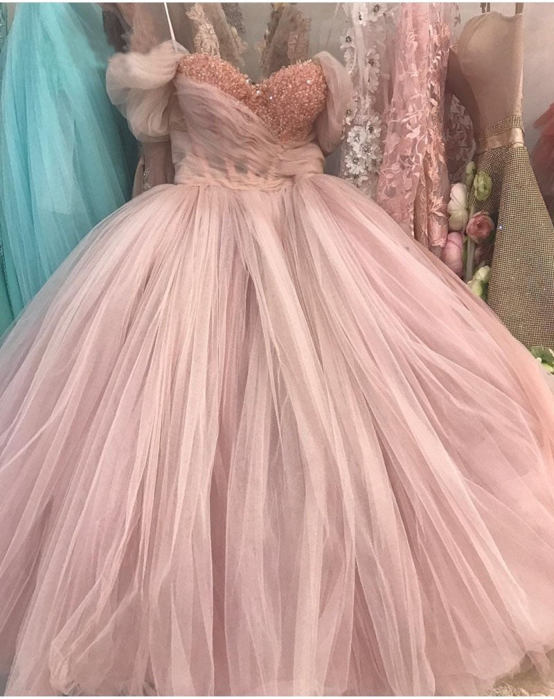 Princess Ball Gown Pink Tulle Off the Shoulder Lace up Homecoming Dresses with Bowknot H1228