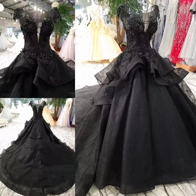 Princess Black Beaded Tulle Ball Gown Long Prom Dress P1063