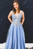 Princess Blue V Neck Tulle Long Prom Dresses, Lace Appliques Straps Formal Dresses P1096