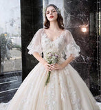Princess Half Sleeve Ball Gown Wedding Dresses Appliques V-Neck Bridal Dresses PW774