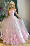 Princess Pink Spaghetti Straps Prom Dresses, Scoop Long Cheap Dance Dress with Flowers P1058