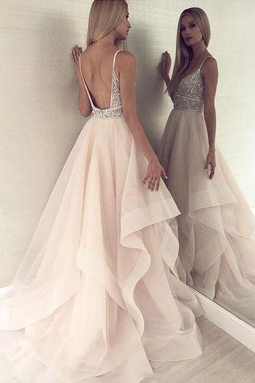 Princess Spaghetti Straps V-Neck Tulle Beads Backless Pink Prom Dress Evening Dress P1022