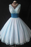 A Line V Neck Tulle Blue Short Knee Length Sleeveless Cute Mini Homecoming Dresses uk PH904