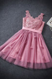 A Line Tulle Lace Appliques Lace up V Neck Pink Short Prom Dresses,Homecoming Dresses uk PH906