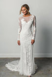 A Line Long Sleeves Ivory Lace Backless Scoop Neck Beach Wedding Dresses PH726