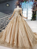 Long Sleeve Ball Gown Beads Lace Appliques Prom Dresses Sequins Quinceanera Dresses P1159