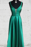 Simple A Line Sleeveless Satin V-Neck Long Prom Dress with Pockets PD12