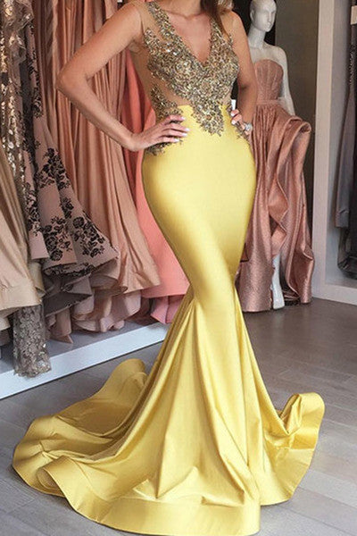 Yellow Satins Gold Lace Applique V-Neck See-through Mermaid Evening Dress
