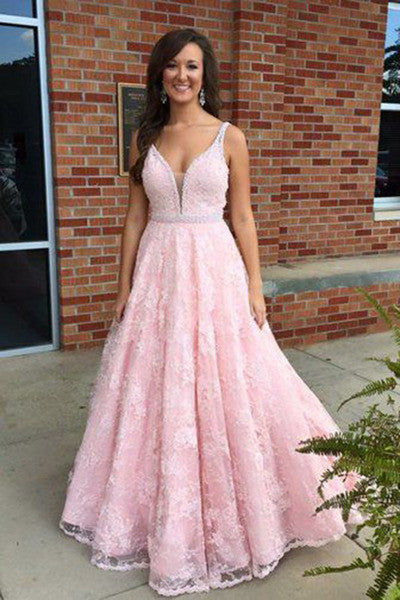 A Line Pink V-Neck Lace Appliques Prom Dresses
