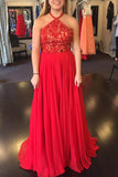 A Line Halter Red Chiffon Lace Prom Dress