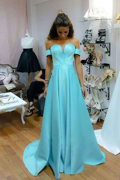Off The Shoulder Blue Stain Long Prom Dresses
