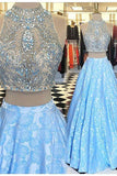 Light Blue Lace Two Pieces Beading A Line Prom Dresses