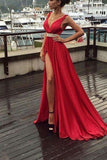 Sexy Red Chiffon V-Neck Slit Long Evening Dresses Floor-Length Dresses For Prom