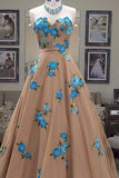 Champagne Sweetheart A Line Tulle Embroidery Prom Dresses