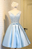 Sky Blue A-Line V-Neck Short Prom Dresses,Appliques Lace Homecoming Dresses PH568
