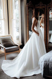 Simple Round Neck Satin Ivory Wedding Dresses with Pockets, Long Wedding Gowns W1199