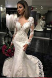 Sexy White Yarn Button Back Long Sleeve Lace Mermaid Charming Chapel Trailing Wedding Dress PH171