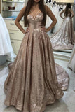 Puffy Sleeveless Sequined Court Train Prom Dress Sparkly Sequin Evening Dress P1198