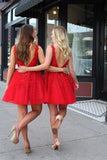 Cute Red Lace Appliques Homecoming Dress V-Neck Tulle Above Knee Short Prom Dress PW983