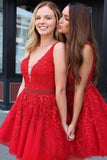 Red Lace Appliques Homecoming Dresses V Neck Tulle Above Knee Short Prom Dress PW947
