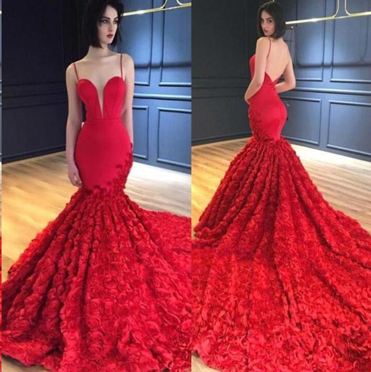 Red Mermaid Prom Dresses Spaghetti Straps V Neck Trumpet Rose Lace ...