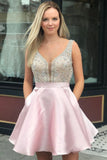 Red Satin V-Neck Homecoming Dresses with Pockets Beads Above Knee Short Prom Dresses H1108