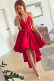 Red V-Neck High Low Spaghetti Strap Lace Satin Party Dresses Homecoming Dresses H1309