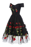 Retro Off the Shoulder V-Neck Tulle Black Short Sleeve Party Dresses with Red Flowers H1195