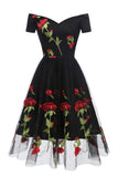 Retro Off the Shoulder V-Neck Tulle Black Short Sleeve Party Dresses with Red Flowers H1195