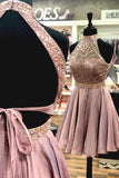 A Line Halter Open Back Chiffon Blush Pink Short Homecoming Dresses uk with Beading PH984