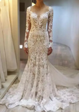 Romantic Backless Lace Appliques Mermaid Ivory Long Sleeve Wedding Dresses PM294